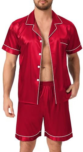Lovasy Pigiama Uomo in Raso Estivo con Bottoni Davanti Pigiami Set Corta Scollo a V e Maniche Corte 2 Pezzi Seta Pigiama da Casa Leggero T-Shirt,A-Rosso,XXL