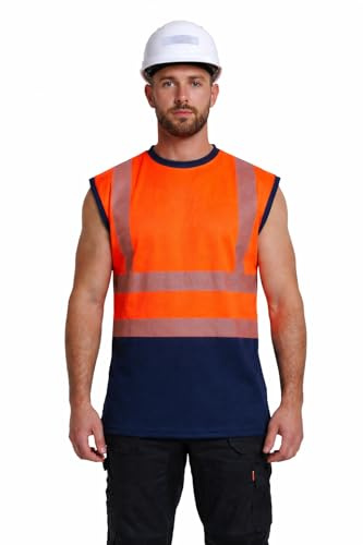 Mens Hi Vis Sleeveless T-Shirt 2 Tone Reflective Safety Work Vest High Visibility Workwear Top Breathable Lightweight S-5XL(Orange-Navy, L)