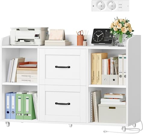 HOCSOK Filing Cabinet with Power Outlets, 2 Drawers, 5 Wheels, Hanging Rail