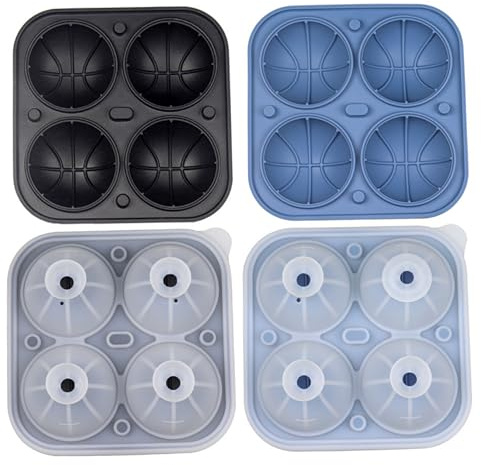 Stampo per palla di ghiaccio in silicone da 2 pezzi, stampo per ghiaccio a sfera a forma di palla sportiva 3D 4 cavità per cocktail, bourbon, brandy, whisky, design da basket blu e nero