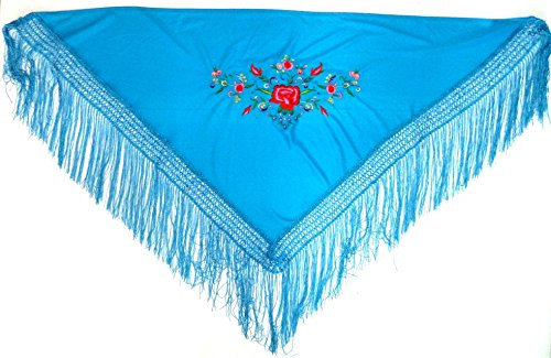 Halv Manila Sjal (Peak). Färg Blå. Mått: 110x50 cms. (fransar på 17 cm. ingår inte i mätningarna). Broderi upptar 30x16 cm., Blå, Broderi, M