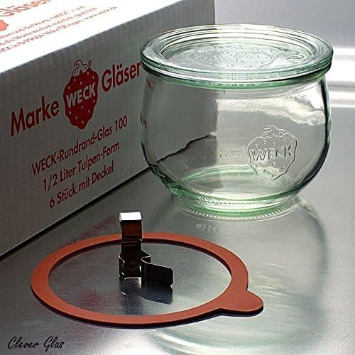 Weck RR100 - Juego de 6 tarros de cristal (500 ml, con tapa de cristal, anillos y grapas)