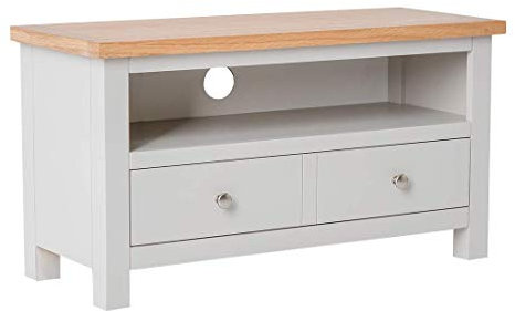 Farrow Grey Small TV Unit for Living Room | Roseland Furniture Fully Assembled 90 cm Painted Solid Wood Television Cabinet Stand with Oak Top Suitable for TVs up to 40 inches