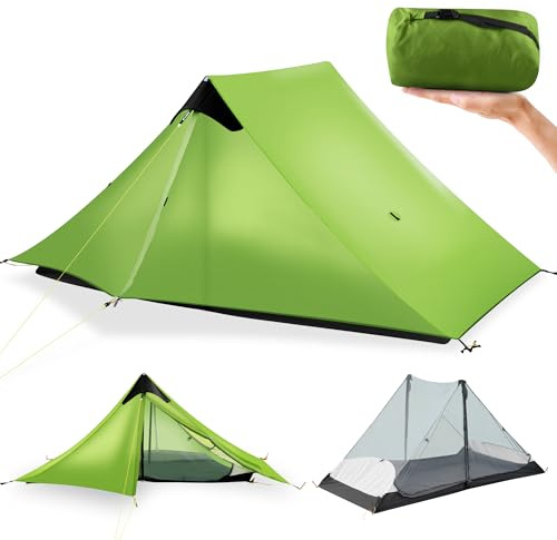 Ultraleichtes Zelt 3-Jahreszeiten-Rucksackzelt 1 Person/2 Person Campingzelt, Outdoor Leichtes LanShan Camping Zelt Shelter, Perfekt für Camping, Trekking, Kajak, Klettern, Wandern, 2 Personen, Grün