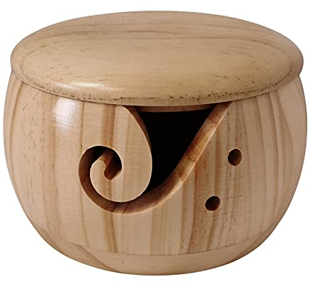 LNJ Garnschale - Wollhalter Mit Deckel Für Strick- Und Häkelprojekte - Handgefertigte Wollball Organizer Aus Holz - Garnaufbewahrung Mit Löchern - Schützt Wolle Und Verhindert Verheddern (Stil B)
