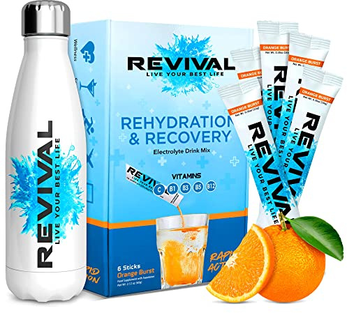 Revival Rapid Rehydration Starter Pack - Bouteille d'Eau en Acier 500 ml avec 1 x 6 Paquets de Sachets de Poudre d'Électrolytes - Explosion d'Orange