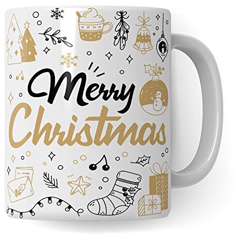 Merry Christmas Tasse à café de Noël - Cadeau de Noël - Idée cadeau - Maman Avent - Tasse à vin chaud - Thé - Décoration d'hiver - Rouge - Or - Américain (blanc/blanc)