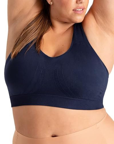 SHAPERMINT Seamless Racerback Wireless Sports Bra for Women with Removable Cups | Low Compression Womens Workout Tops, Navy, XXL