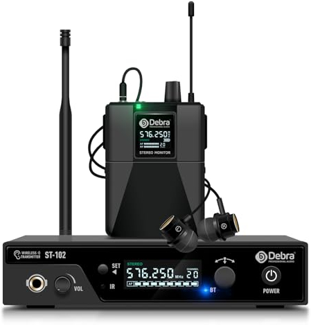 D Debra Sistema In-Ear UHF ST-102, Monitorización Estéreo, IEM Profesional, 1 Bodypack, Sin Interferencias, 80m, para Escenario y Estudio