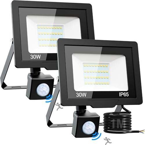 nipify Lot de 2 spots LED d'extérieur avec capteur de mouvement, 30 W, 6 500 K, blanc froid, IP65, imperméable, éclairage extérieur sécurité pour jardin, patio, garage