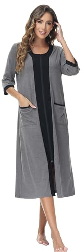rismart Femme Manche 3/4 Fermeture éclair Robe Pyjama Décontracté Col V Chemise de Nuit Manteau de Maison Gris,XL