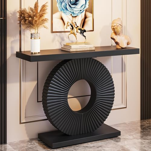 Tribesigns Schmaler Konsolentisch, Moderner Flurtisch mit eine runde, blumenförmige Basis,Eingangstisch, Sofatisch, Beistelltisch Holz für Wohnzimmer, 100 x 30 x 79 cm Schwarz