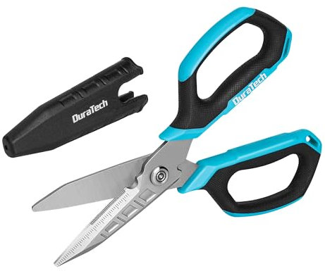 DURATECH Multifunktionsschere 4 in 1, Schwerlast Schere, Edelstahl Schere mit Gebogener und Gezahnter Klinge, mit Drahtschneider, Kartonöffner und Schutzkappe, für Stoff, Teppich, Leder, Karton