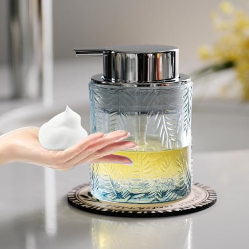 CICUFY Glass Foam Soap Dispenser for Kitchen & Bathroom - Refillable Liquid Soap Dispenser with Large Silver Pump (Leaf Pattern-Blue)