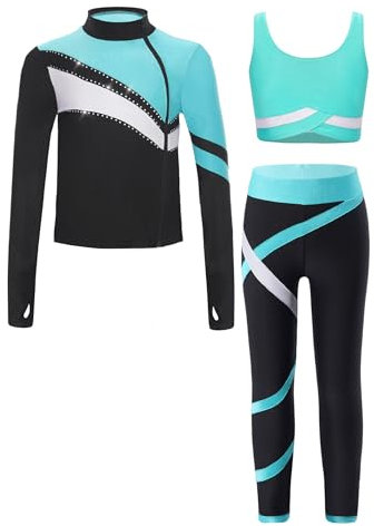 RUNQHUI Mädchen Sportanzug aus Sweatshirt +Sport Bh +Sport Leggings Sporthose Trainingsanzug Kinder Jogginganzug Gym Fitness Workout Blau Grün 134-140