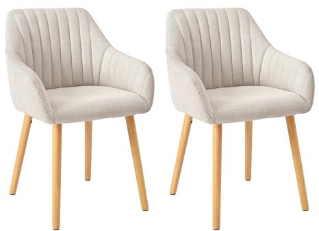 Goeurvant Esszimmerstühle Beige Holzbeine mit Armlehne 2er Set Stuhl Esszimmer Küchenstuhl Polsterstuhl Armlehnenstuhl aus Polyester Wohnzimmerstuhl für Esszimmer Küche