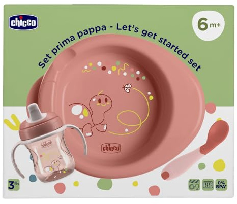 Chicco Matset bestående av träningskopp, första sked, varm tallrik, ålder 6 månader, 0% BPA, rosa