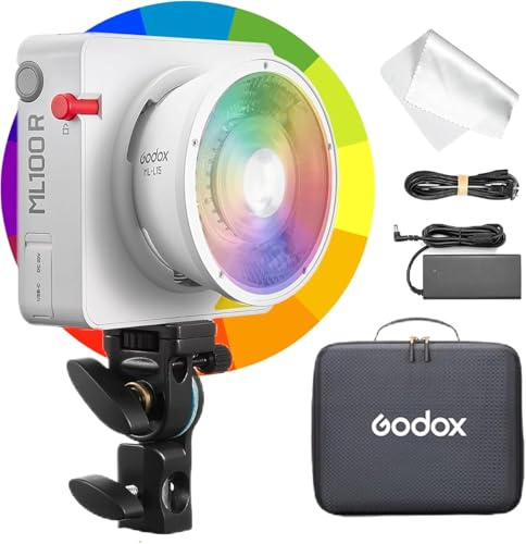 Godox ML100R Luce Video LED RGB ca.110W, Riflettore ML-L15 incluso, 12900Lux @1m 5600K, 1800K-10000K, CRI/TLCI 95, 14 Effetti FX, Godox Mount, Controllo App per Video Fotografia Streaming