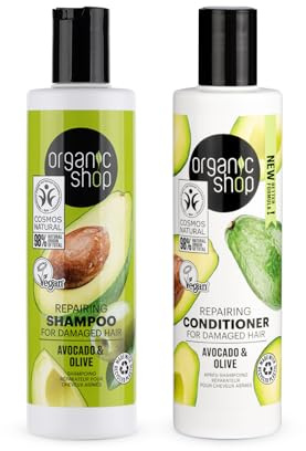 Organic Shop Avocado Repairing Shampoo & Conditioner, Hydrate Moisturizing Restorer, Softens & Deeply Hydrates Dry Damaged Hair, Paraben & Sulfate Free. 100% Vegan. Organic. Pack of 2