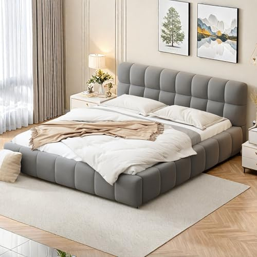 Lit rembourré 160x200cm, cadre de lit double avec sommier à lattes, lit jeune à bulles avec tête de lit rembourrée, convient aux matelas de 15-20cm, sans matelas, tissu en lin (Gris, 160x200)