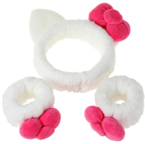 Cat Bow Headband for Skincare, 3 Pack Cute Spa Headband Set for Women with Wristbands, Cat Ear Bow Headbands for Washing Face (White Pink, Standard)