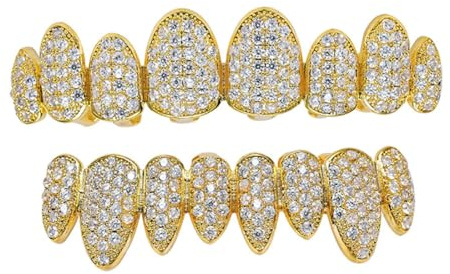 Diamantgrillar för dina tänder 18K guldpläterad isad mun 8 tänder grillz övre botten tandlock hiphop bling guld silver grill för halloween kostym cosplay män kvinnor smycken, one size, Mässing, Ingen
