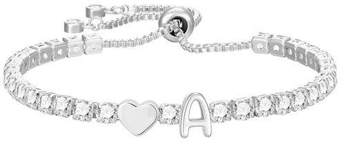 Halora Silver Bracelet for Women, Sterling Silver Initial Tennis Bracelets Heart Charm Bracelet Valentine's Day Birthday Jewellery Gifts for Girls Friends Daughter Sisters Mum, Letter A