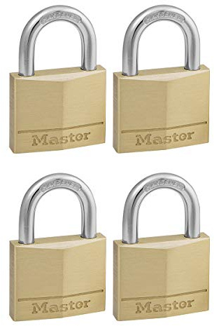 Master Lock 140EURQNOP Lote de 4 Candados de Ancho con Cuerpo de Latón Macizo con arco Largo, Dorado, 6 x 4 x 1.3 cm, 40 mm