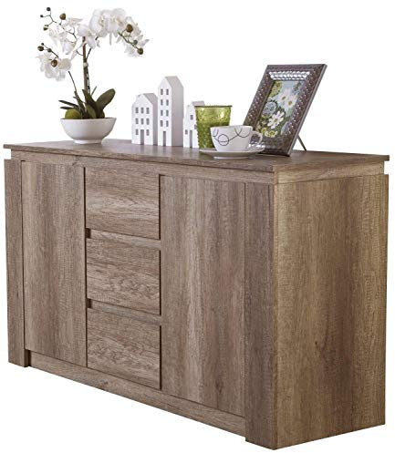 GFW Canyon Sideboard Unit With 3 Storage Drawers And 2 Doors Storage Cabinet With Adjustable Shelves, Contemporary Wooden Oak Sideboards For Living Room, Kitchen, And Bathroom, 39.5 x 119 x 70 cm