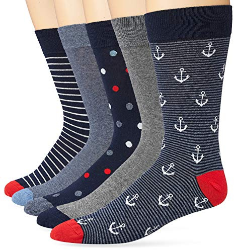 Amazon Essentials Chaussettes Habillées Confortables À Motifs Homme, 5 Paires, Bleu/Rouge/Gris, 41-45