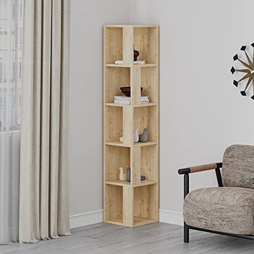 HOCUS PICUS 5-Tier Corner Bookcase with Many Colour Options, 31.4 x 31.4 x 158.9 cm, Living Room Furniture, Easy to Assemble, Book Storage, Display Unit (Oak)
