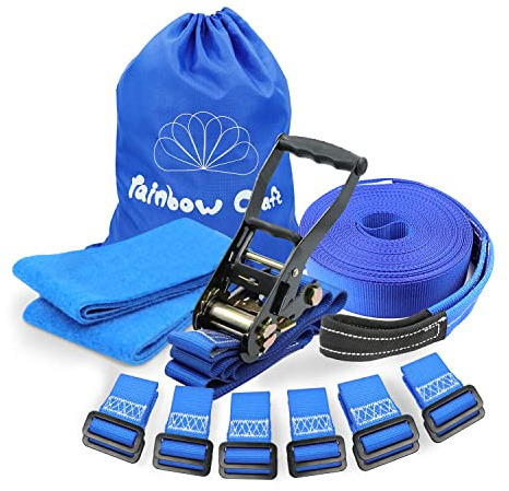 Rainbow Craft Ninja Warrior Obstacle Course for Kids - 50ft Slackline, 12 Removable Buckle Loops, 12 Ninja Attachments, Outdoor Training Equipment