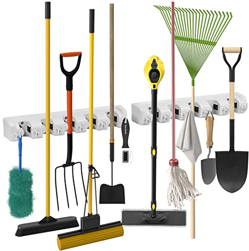 ARTECSIS Set di 2 barre per attrezzi da giardino con 6 ganci pieghevoli, porta attrezzi, porta scopa in plastica, 44,5 cm, supporto per fino a 11 dispositivi