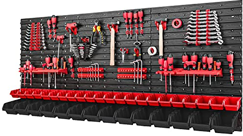 PAFEN Werkzeugwand Stapelboxen 1728 x 780 mm - Lagersystem Set Werkzeughaltern und 36 Stück Box - Wandregal Werkstattregal Lochwand Schüttenregal Sichtlagerkästen, Rot/Schwarz