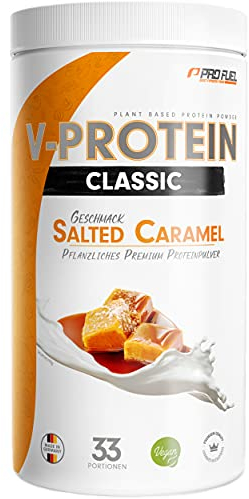 Vegan Protein Pulver SALTED CARAMEL 1kg - V-PROTEIN - Pflanzliches Eiweißpulver auf Erbsenprotein-Basis mit 72% Eiweiß-Gehalt - optimale Protein-Wertigkeit - veganer Protein-Shake ohne Soja & Weizen