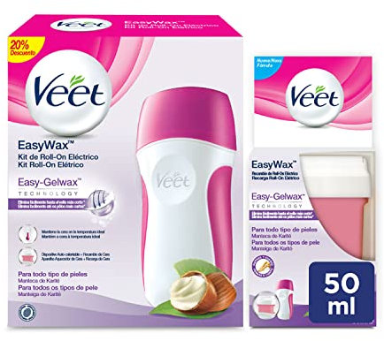 Veet Kit Easywax Roll-On Eléctrico Calentador de Cera con Cartucho de cera incluido, todo tipo de pieles, 50ml + Recambio 50ml