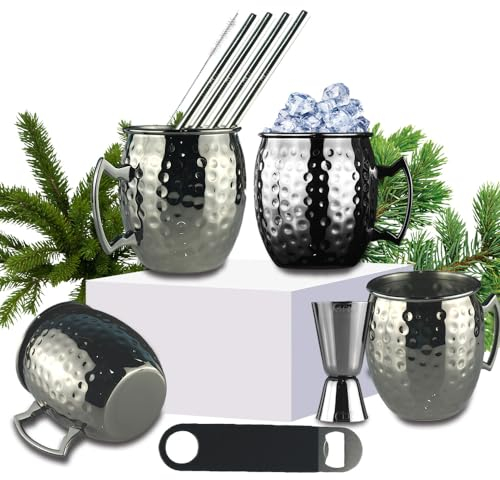 Metaspl Moscow Mule Tassen Set mit 4 schwarz beschichteten gehämmerten Bechern Edelstahl 530 ml für Cocktails Getränke (4)