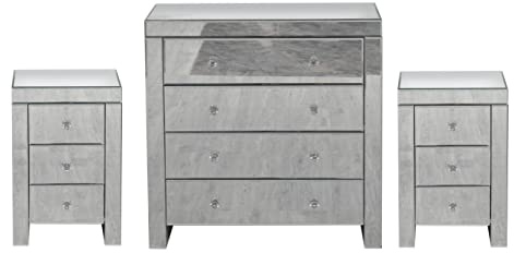 Kingwudo® Mirrored Chest of Drawers Set 3 Pieces Storage Cabinet with 4 Drawer and 3 Drawers Bedside Tables x 2 Sets Bedroom Furniture Set
