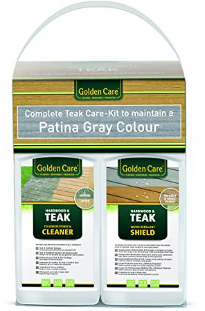 Golden Care Teak Wood Care Kit 8 Pieces (Includes Cleaner + Shield, Cleaner for Garden Furniture/Outdoor Furniture, Includes Accessories, for Grey Teak Wood) 60005