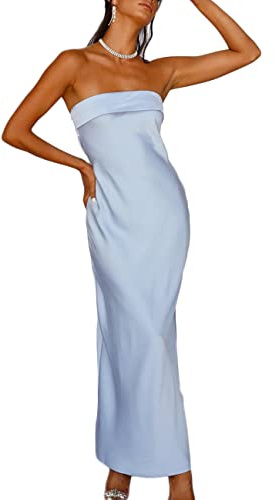 Realtix Satin Silk Backless Tube Tops Maxi Dress for Women Low Back Hollow Out Elegant Strapless Long Dresses Wedding Guest Blue