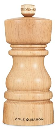 Cole & Mason London Natural Beech Pepper Mill, Precision+ Carbon Mechanism, Pepper Grinder with Adjustable Grind, Beech Wood, 130mm, Seasoning Mill, Lifetime Mechanism Guarantee