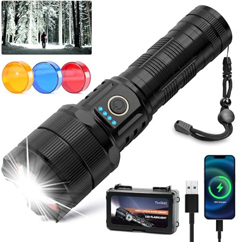 TECBOTT 500000 Lumen LED Taschenlampe Usb C Aufladbar Extrem Hell Taktische Starke Hand-Taschenlampen 5 Modi Zoombar Schnelles Aufladen Ipx6 Wasserdicht Für Camping Outdoor Polizei Taschenlampe