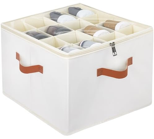 Winter Shore Verstellbarer Schuh Organizer für Schrank aus Beigem Stoff - Shoe Organizer mit Transparenter Abdeckung, Anpassbaren Fächern, Verstärkten Griffen - Schuh Boxen für bis zu 16 Paar Schuhe