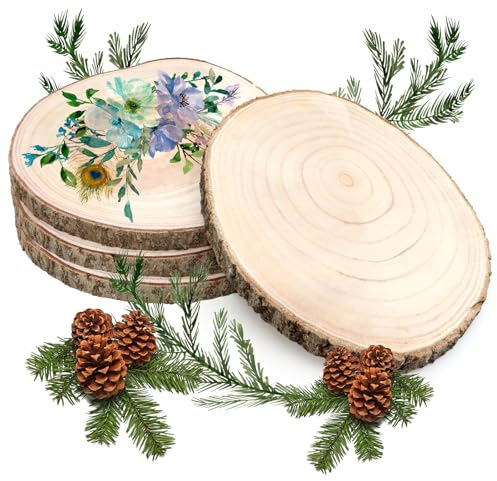 Scettar Holzscheiben 4 Stück, 18–20 cm und eine dicke von 15 mm Baumscheibe Holzplatte Rund für Tafelaufsätze DIY-Hochzeitsdekorationen Aus Holz Gemälde Untersetzer & zum Basteln