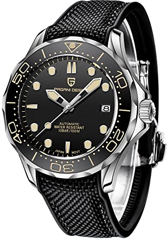 Pagani Design 1667 Montre de plongée Automatique pour Homme NH35 Mouvement Rotatif Lunette en céramique étanche Nylon Caoutchouc Business Sport Montre à remontage Automatique, Caoutchouc Noir