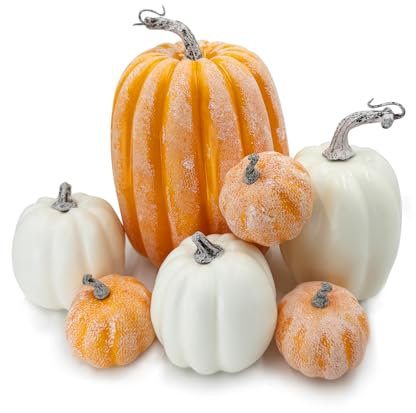 DOJoykey 7 citrouilles artificielles Jaunes et Blanches, décoration d'automne pour Thanksgiving, Halloween, Noël, Festival, décorations