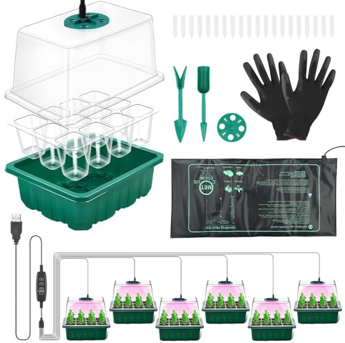 Towwoo Zimmergewächshaus Anzuchtkasten, 6 Stück 72 Zellen Mini Gewächshaus Anzucht Set mit 8LED Pflanzenlampe und Sämling Wärmematte und Handschuhe, Tabletts Treibhaus Anzuchtschale für Pflanze