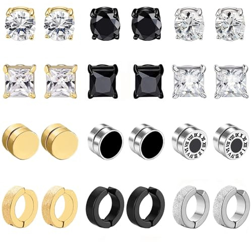 12Paar Magnet Ohrringe Herren Edelstahl Magnetische Ohrstecker für Männer Frauen CZ Hypoallergen Nicht Durchdringende Clip Non Piercing Fake Ohrringe Set Silber Schwarz