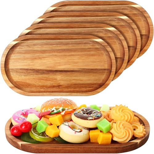 Yaomiao 4 Pcs Acacia Wooden Serving Tray Oval Shaped Rustic Wood Plates Large Decorative Natural Tray Serving Platter for Food Charcuterie Cheese Dish Bread Fruit Kitchen(11 x 6 Inch)