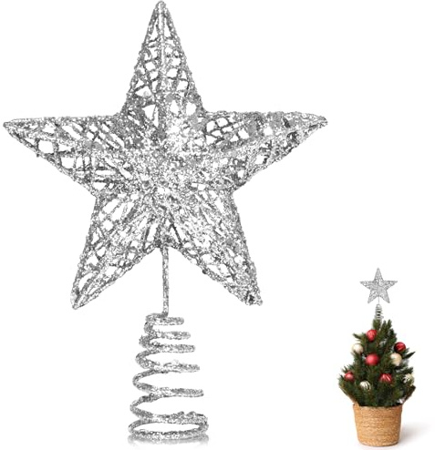 GXFCING Puntale per Albero di Natale, Piccola Punte Stella Argentata 3D Metallizzata Glitterata, Decorazione a Stella Albero di Natale, 15 x 12 cm (argento, S)